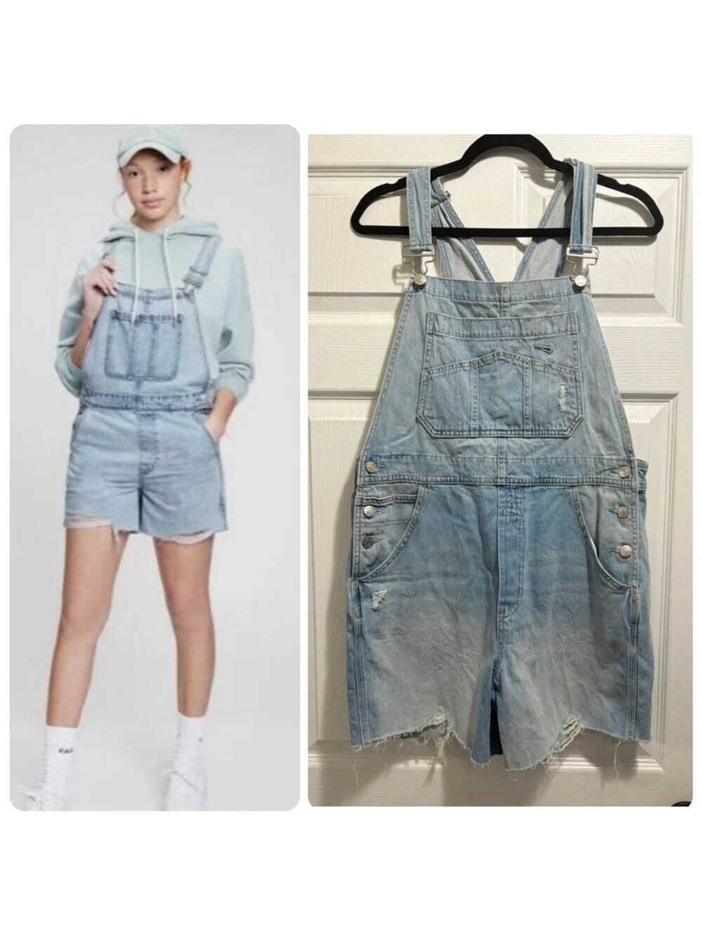 GAP Denim Shortalls Jean Shorts Overalls Raw Hem Distressed Women’s Size Small